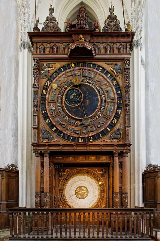 Astronomical clock with five movements and calendar, built around 1379, clock system, Marienkirche, Protestant-Lutheran, North German brick Gothic, basilica, three naves, built from 1290 to mid-15th century, harbour town, Hanseatic city, university town, Rostock, Mecklenburg-Western Pomerania, Germany