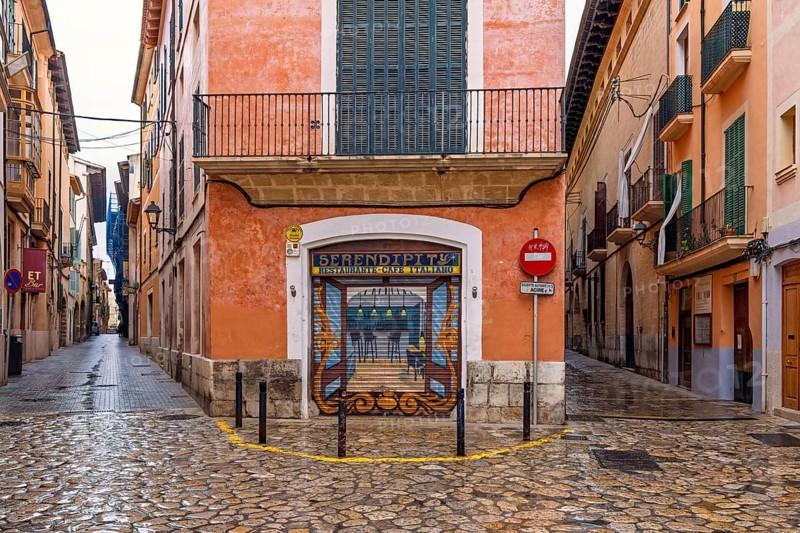 Empty street in a residential area with a painting on a shutter at a cafe on a street corner, Palma de Mallorca, Mallorca, Spain