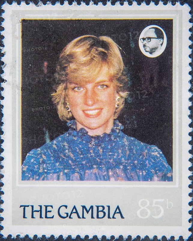 Diana, Princess of Wales, Diana Frances, (1961- 1997) was the first wife of Charles III. Portrait on Gambian postage stamp