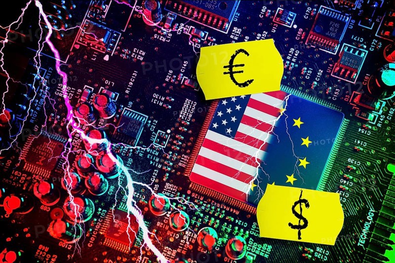 Computer chip with US and EU flags with price labels, symbolic photo Dispute over European digital laws and taxes for US digital companies, photomontage