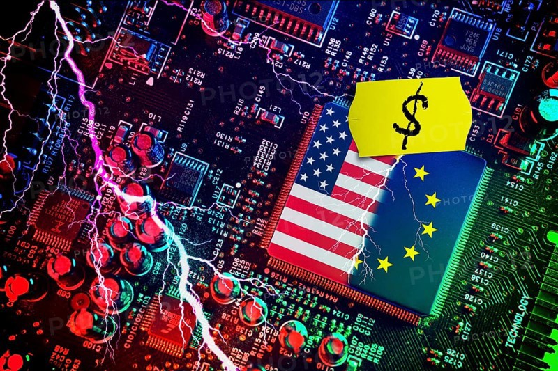Computer chip with US and EU flags with price label and dollar sign, symbolic photo Dispute over European digital laws and taxes for US digital companies, photomontage