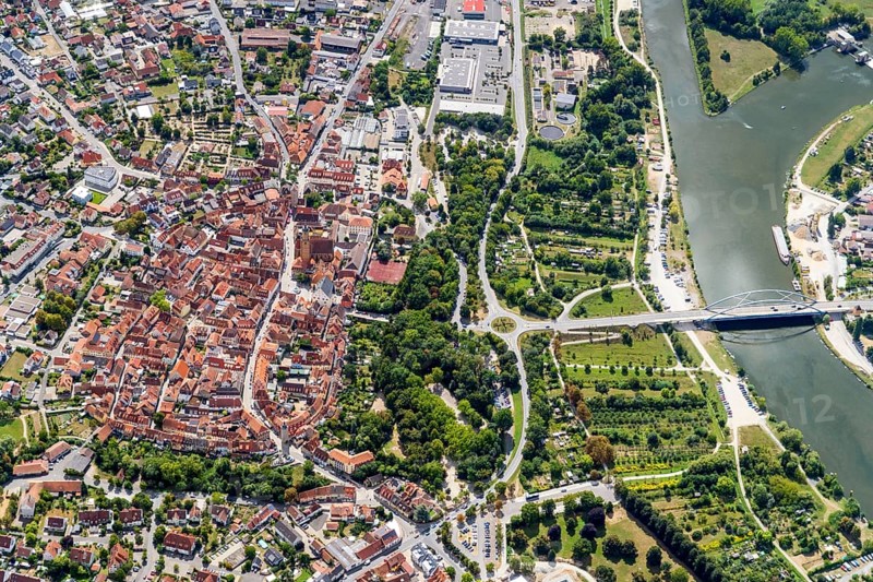 Volkach, city, Bavaria, Lower Franconia, district Kitzingen, historical, wine-growing region, Main, river, bridge, aerial view, Germany