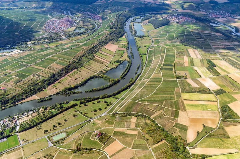 Wine-growing area, vineyard, Main, Volkach, Bavaria, Lower Franconia, Kitzingen district, agriculture, river, aerial view, Germany