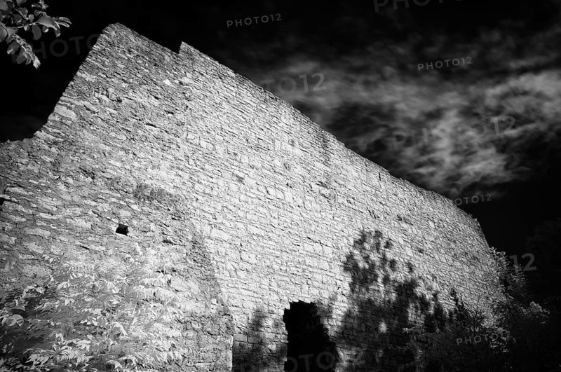 Tor tor and kennel of the castle ruins of Hofen Castle, Mühlhausen am Neckar district, infrared image, black and white, Stuttgart, Baden-Württemberg, Germany