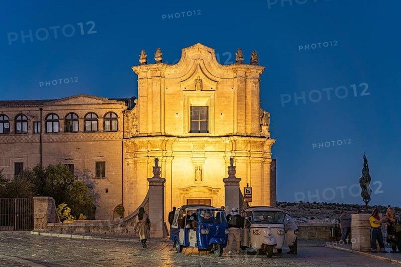Church and Convent of St Agostino Chiesa e Convento di Sant'Agostino at dusk, Matera, Basilicata, Italy