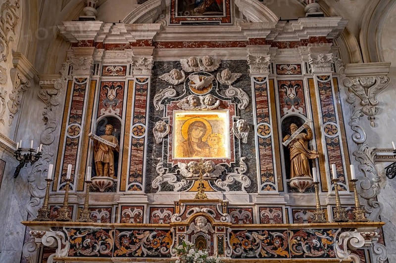 Altar with the fresco of the Madonna della Bruna in Matera Cathedral, Basilicata, Italy