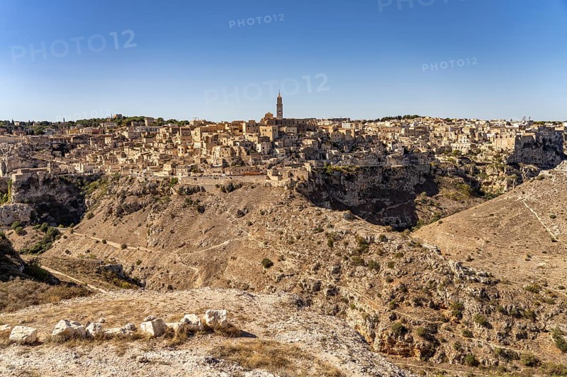 City view with the Sassi cave settlements and the cathedral of Matera, Basilicata, Italy
