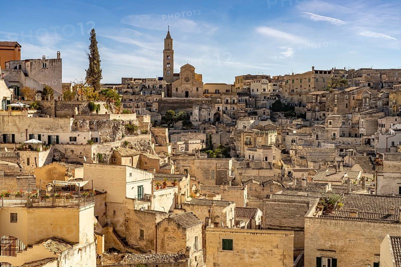 City view with the Sassi cave settlements and the cathedral of Matera, Basilicata, Italy