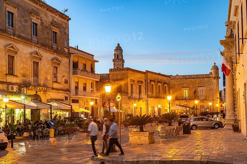 Dusk in Piazza Aldo Moro in the historic centre of Maglie, Apulia, Italy