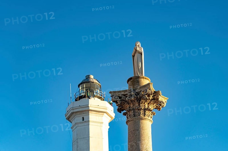Marian column and lighthouse in Santa Maria di Leuca, Apulia, Italy