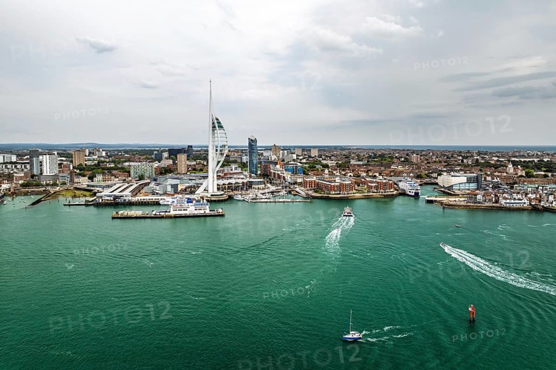 Portsmouth Harbour over Spinnaker Tower from a drone, Portsmouth, Gosport, England, United Kingdom