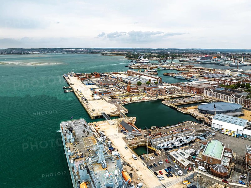 Portsmouth Harbour over Spinnaker Tower from a drone, Portsmouth, Gosport, England, United Kingdom