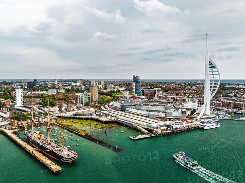 Portsmouth Harbour over Spinnaker Tower from a drone, Portsmouth, Gosport, EnglandDefault