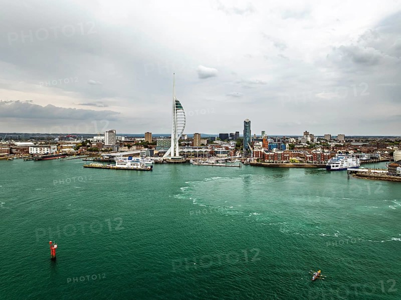 Portsmouth Harbour over Spinnaker Tower from a drone, Portsmouth, Gosport, England, United Kingdom
