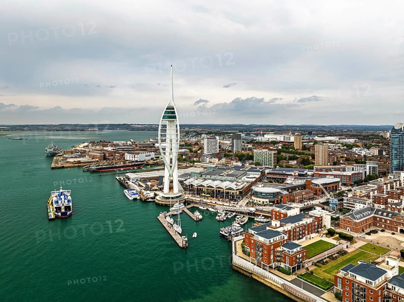 Portsmouth Harbour over Spinnaker Tower from a drone, Portsmouth, Gosport, England, United Kingdom