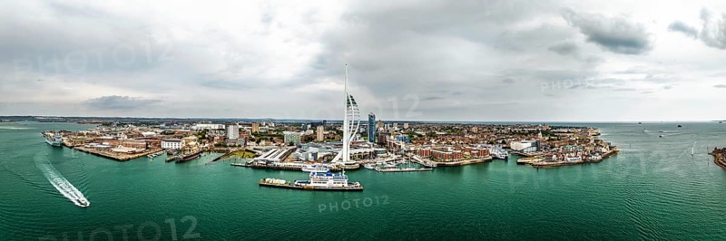 Panorama of Portsmouth Harbour over Spinnaker Tower from a drone, Portsmouth, Gosport, England, United Kingdom