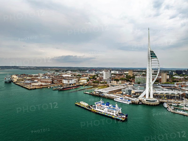 Portsmouth Harbour over Spinnaker Tower from a drone, Portsmouth, Gosport, England, United Kingdom
