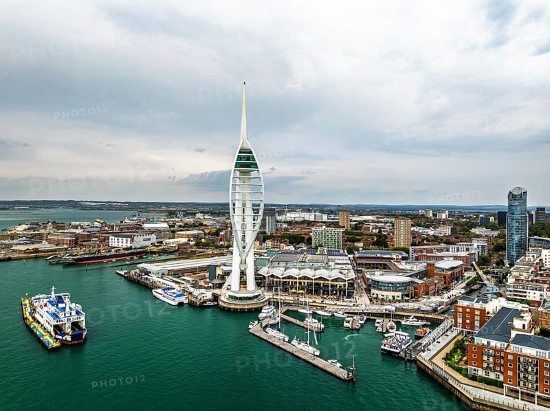 Portsmouth Harbour over Spinnaker Tower from a drone, Portsmouth, Gosport, England, United Kingdom