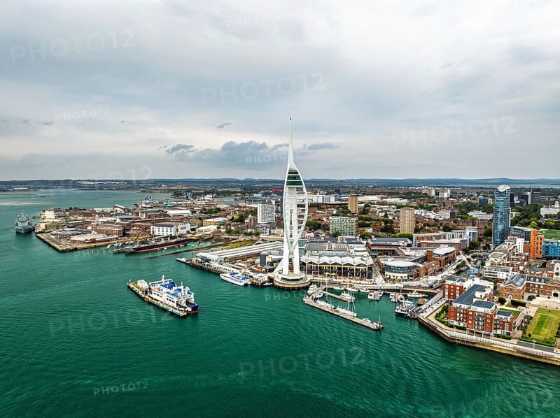 Portsmouth Harbour over Spinnaker Tower from a drone, Portsmouth, Gosport, England, United Kingdom