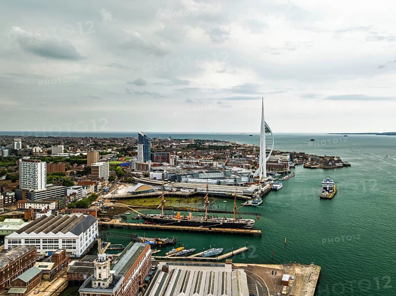 Portsmouth Harbour over Spinnaker Tower from a drone, Portsmouth, Gosport, England, United Kingdom