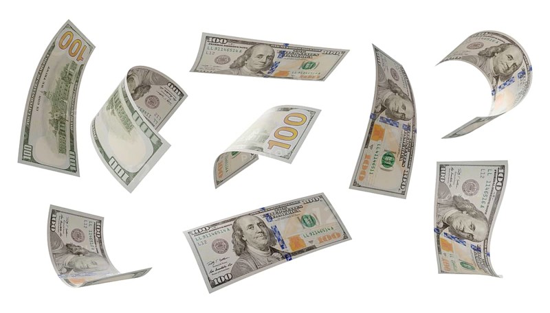 Build your own 1 (of 3) - randomly falling collection of U.S. 100 dollar bills isolated on a white background