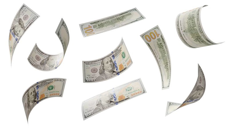 Build your own 3 (of 3) - randomly falling collection of U.S. 100 dollar bills isolated on a white background