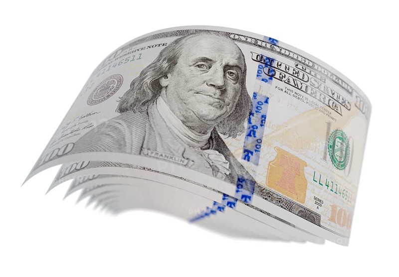 Abstract set of U.S. 100 dollar bills isolated on a white background
