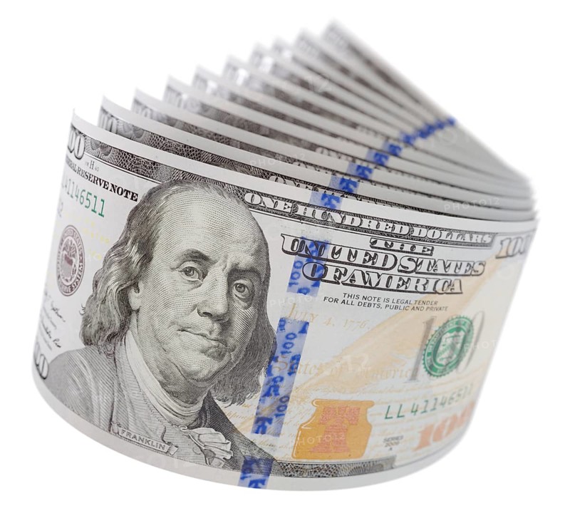 Abstract set of U.S. 100 dollar bills isolated on a white background