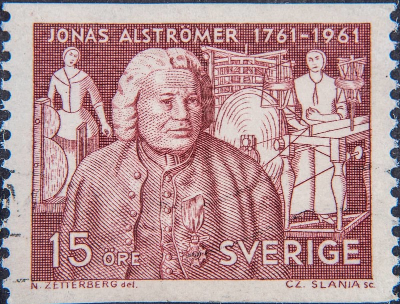 Jonas Alströmer, (1685, 1761) was one of the leading figures of the Industrial Revolution in Sweden. Portrait on a Swedish postage stamp