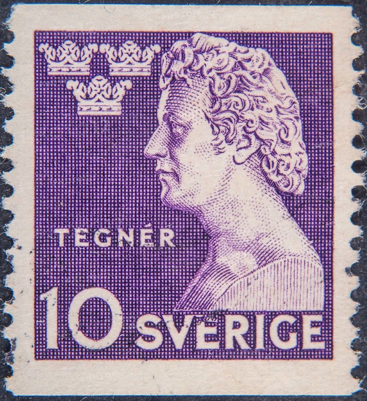 Esaias Tegnér, 1782, 1846, a Swedish poet and cultural figure. He was professor of Greek at Lund University, bishop of the Diocese of Växjö from 1824 and member of the Swedish Academy from 1819. Portrait on a Swedish postage stamp