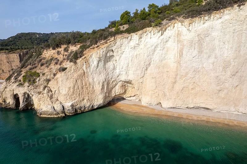 Beach and bay Cala di Enea near Mattinatella seen from above, Mattinata, Gargano, Apulia, Italy
