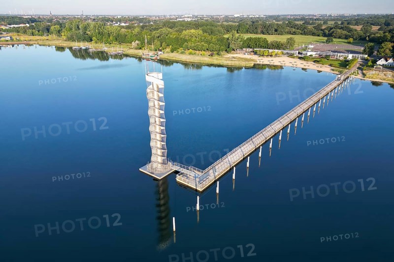 Default26 metre high gauge tower, Bitterfeld, Saxony-Anhalt, recreation, holiday, sailing, swimming, restaurant town harbour, lakeside terrace, boats, sailing ship, former open-cast lignite mine, holidaymakers, tourism, 200 metre long pier, recreation and nature reserve, water sports and tourism, aerial view, Germany from above