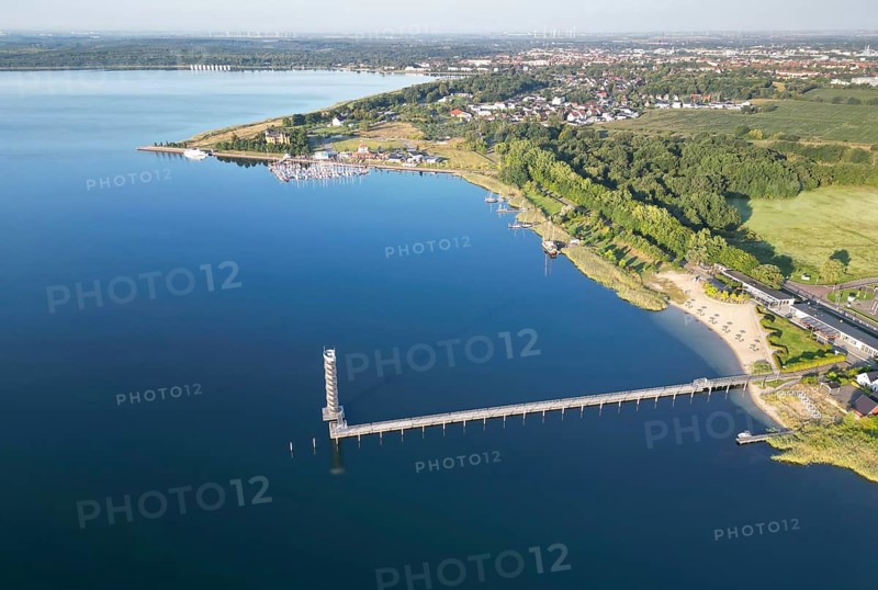 Default26 metre high gauge tower, Bitterfeld, Saxony-Anhalt, recreation, holiday, sailing, swimming, restaurant town harbour, lakeside terrace, boats, sailing ship, former open-cast lignite mine, holidaymakers, tourism, 200 metre long pier, recreation and nature reserve, water sports and tourism, aerial view, Germany from above