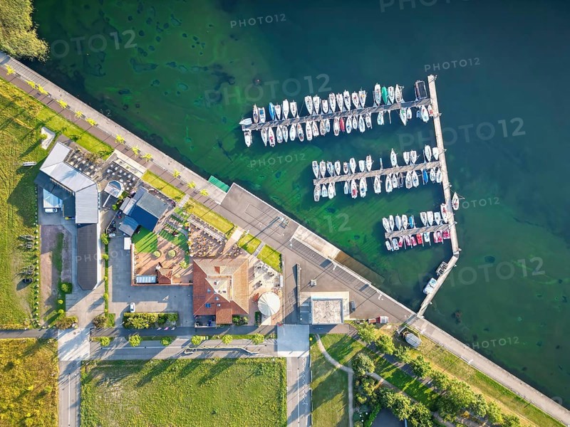 Marina on the Goitzsche, moorings on the Great Lake Goitzsche, Bitterfeld, Saxony-Anhalt, recreation, holidays, sailing, swimming, restaurant town harbour, lakeside terrace, boats, sailing ship, former open-cast lignite mine, holidaymakers, tourism