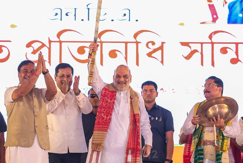 Union Home Minister Amit Shah addresses the newly elected National Democratic Alliance's (NDA) village councils at the 'Panchayat Sanmilan' in Guwahati, india on August 29, 2025