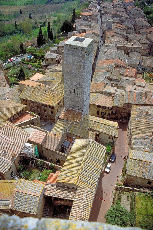 Roofscape and a gender tower of San Gimignano, Toakana, Italy