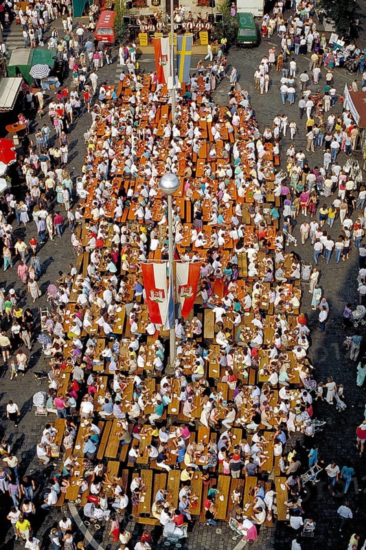 View from the tower of St John's Church of the annual well-attended town festival, crowded visitors at beer tables, Lauf an der Pegnitz, Middle Franconia, Bavaria, Germany