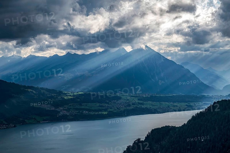 Bernese Oberland mountain peaks Niesen and Lake Thun, Reichenbach im Kandertal, Switzerland