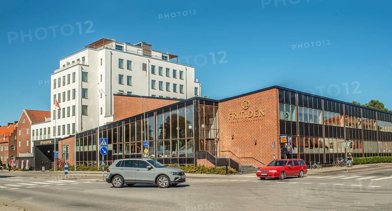 Hotel Fritiden in Ystad. The white part newly built in 2020 and the other is a converted public bath built in 1960. Ystad, Skåne County, Sweden, Scandinavia