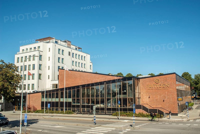 Hotel Fritiden in Ystad. The white part newly built in 2020 and the other is a converted public bath built in 1960. Ystad, Skåne County, Sweden, Scandinavia