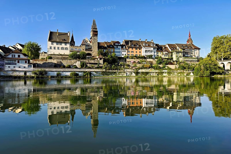 Old town with the tower of the Muri- Amthof, in the foreground the river Reuss, Bremgarten, Freiamt, Canton, Aargau, Switzerland