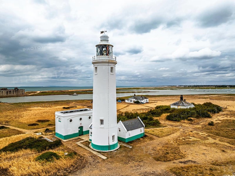 Hurst Point Lighthouse and Hurst Castle from drone over Hurst Spit, Milford on Sea, Lymington, Hampshire, England, United Kingdom