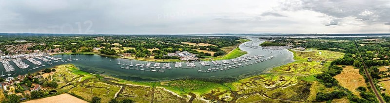 Panorama of River Hamble and Swanwick Marina from drone, Swanwick, Southampton, Hampshire, England, United Kingdom