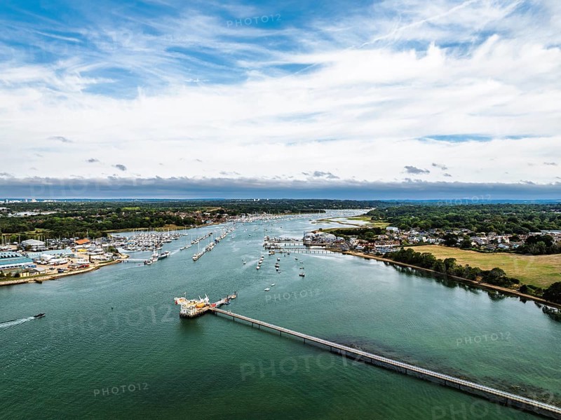 River Hamble over Warsash Maritime Academy Pier from drone, Hamble-le-Rice, Warsash, Southampton Water, Hampshire, England, United Kingdom