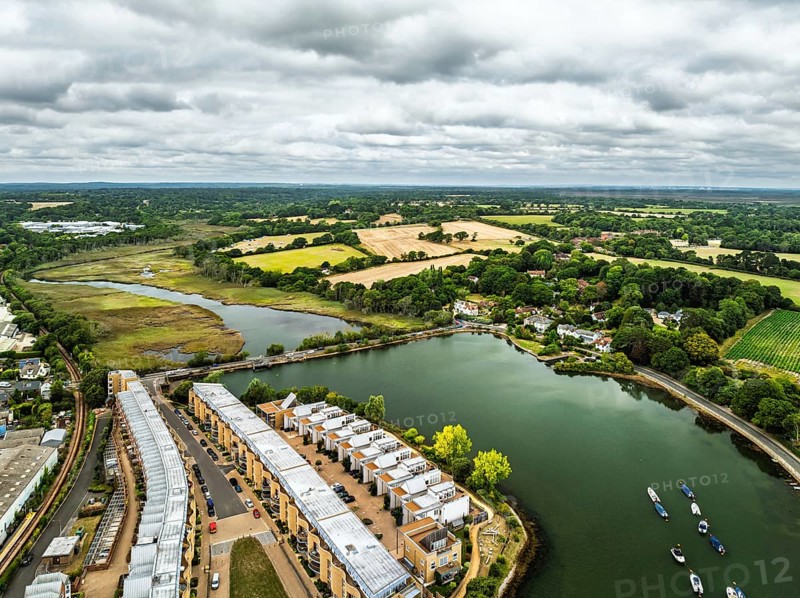 Lymington River and marina from drone, Lymington, New Forest, Hampshire, England, United Kingdom