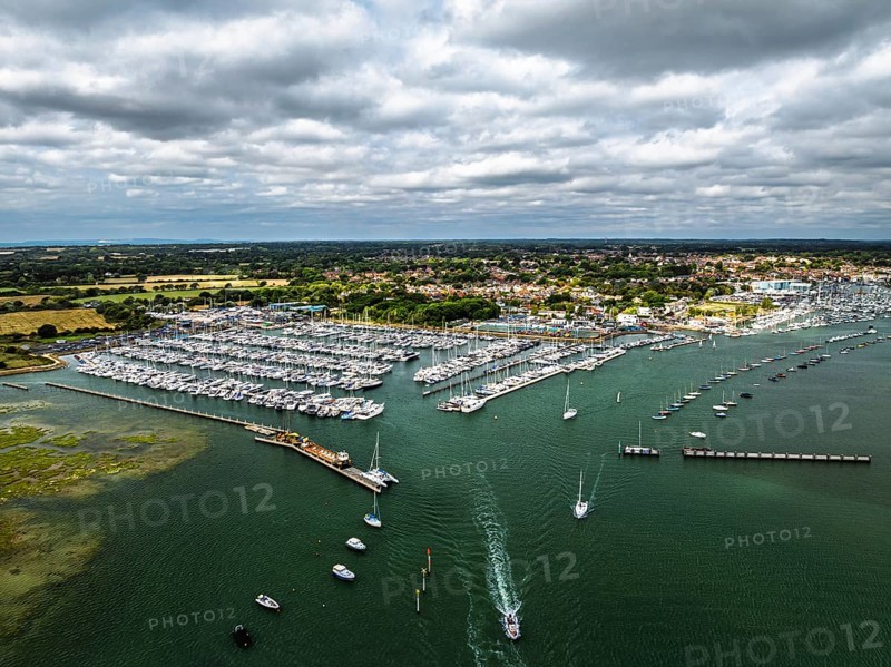 Lymington River and marina from drone, Lymington, New Forest, Hampshire, England, United Kingdom