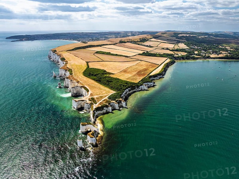 White Cliffs of Old Harry Rocks Jurassic Coast from a drone, Handfast Point, Dorset Coast, Poole, Dorset, England, United Kingdom