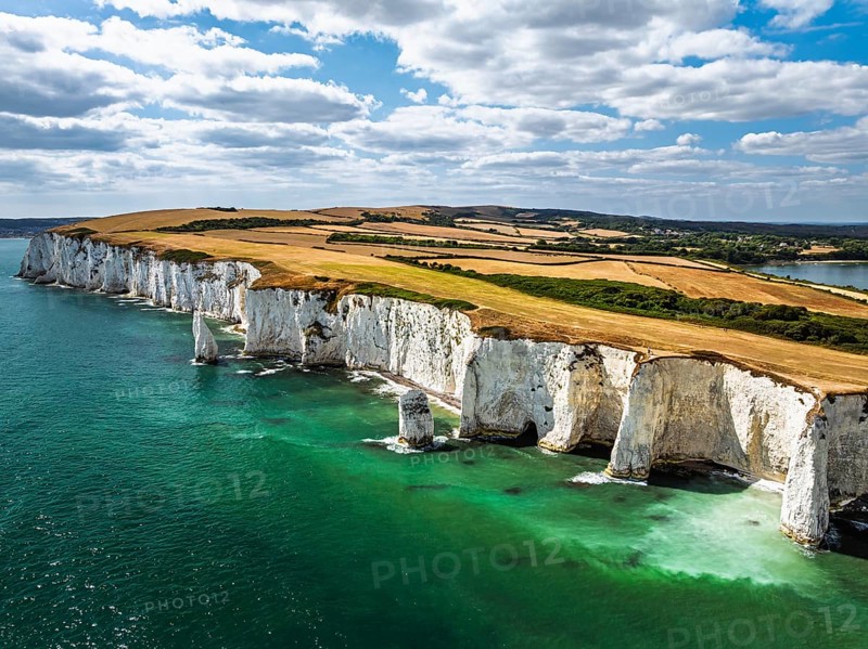 White Cliffs of Old Harry Rocks Jurassic Coast from a drone, Handfast Point, Dorset Coast, Poole, Dorset, England, United Kingdom