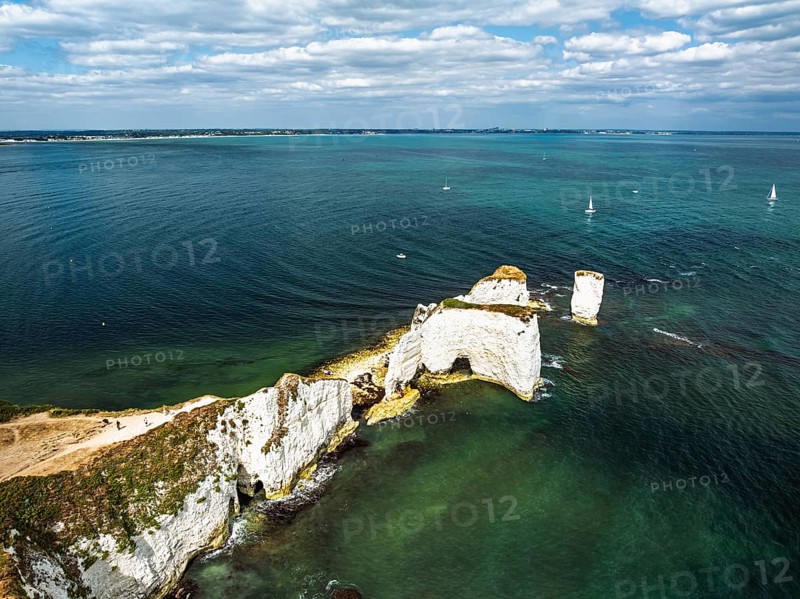 White Cliffs of Old Harry Rocks Jurassic Coast from a drone, Handfast Point, Dorset Coast, Poole, Dorset, England, United Kingdom