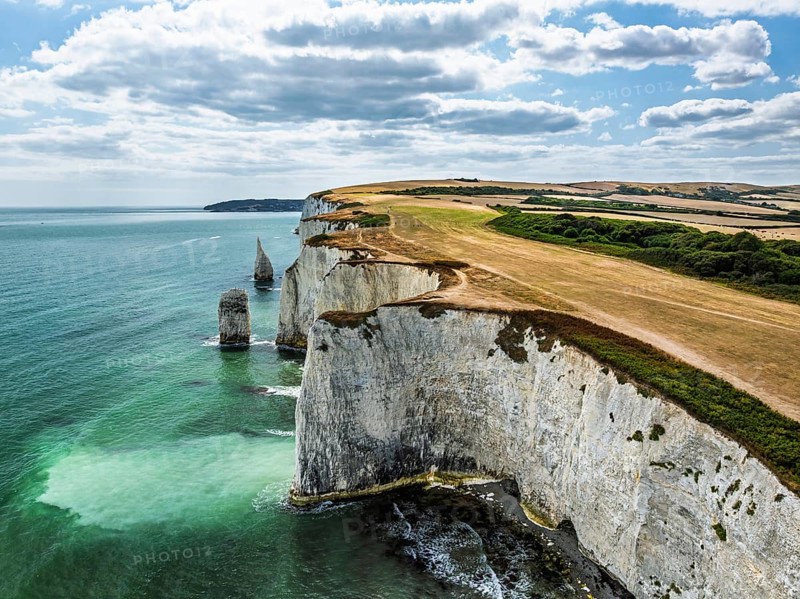 White Cliffs of Old Harry Rocks Jurassic Coast from a drone, Handfast Point, Dorset Coast, Poole, Dorset, England, United Kingdom